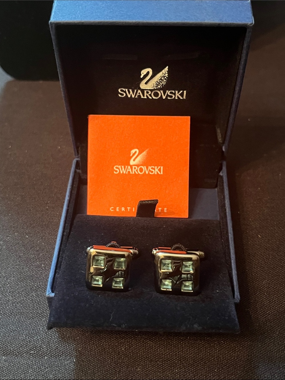 Swarovski Swan Cuff Links  Blue Crystals Gunmetal Tone Signed NOS